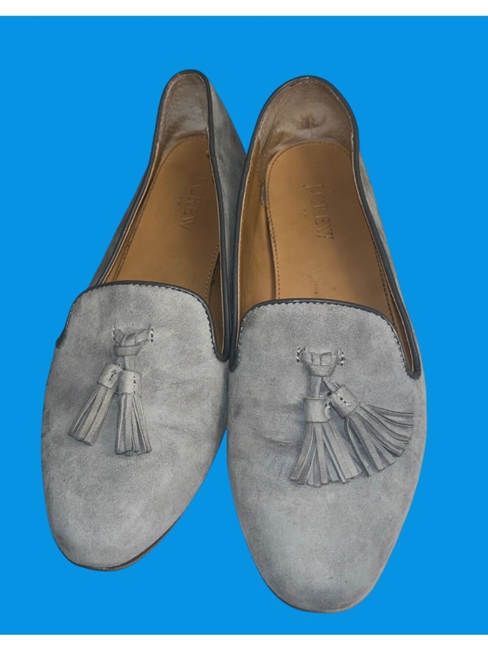 J.Crew Suede Tassel Loafers Gray Womens 8.5 Smoking Slippers Almond Toe Low Heel